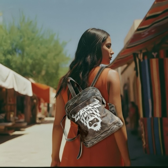 Rustic Highland Bull Genuine Crazy Horse Leather Small Backpack Bag Western Boho - Picture 13 of 13